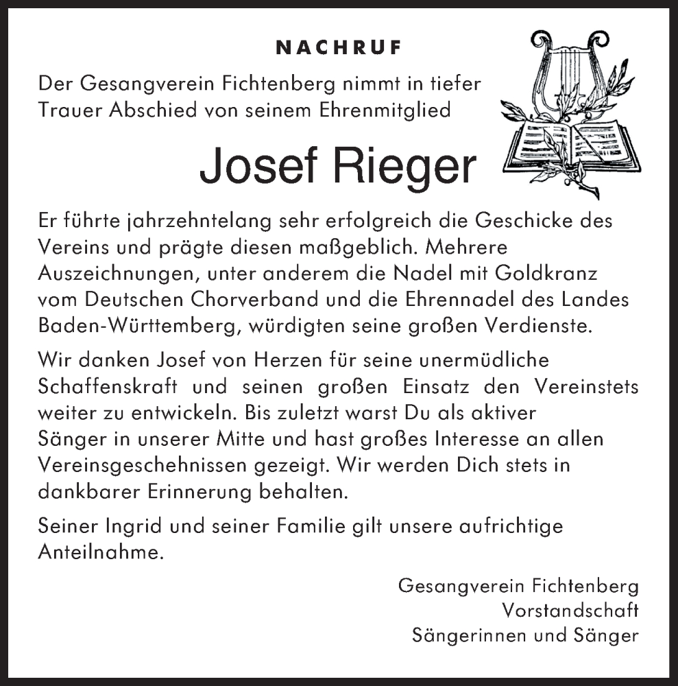  Traueranzeige für Josef Rieger vom 14.02.2026 aus Rundschau Gaildorf