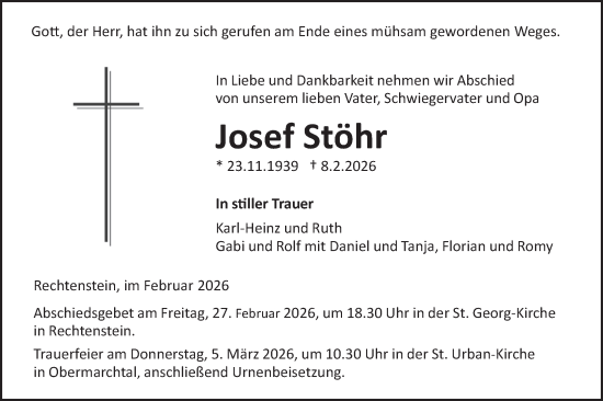 Traueranzeige von Josef Stöhr von Ehinger Tagblatt
