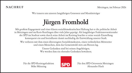 Traueranzeige von Jürgen Fromhold von Alb-Bote/Metzinger-Uracher Volksblatt