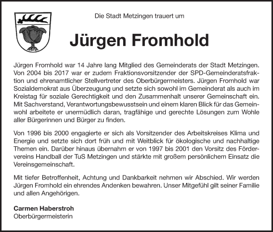 Traueranzeige von Jürgen Fromhold von Alb-Bote/Metzinger-Uracher Volksblatt