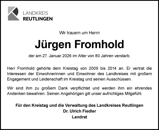 Traueranzeige von Jürgen Fromhold von Alb-Bote/Metzinger-Uracher Volksblatt