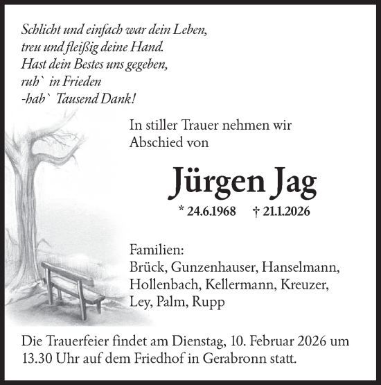 Traueranzeige von Jürgen Jag von Hohenloher Tagblatt