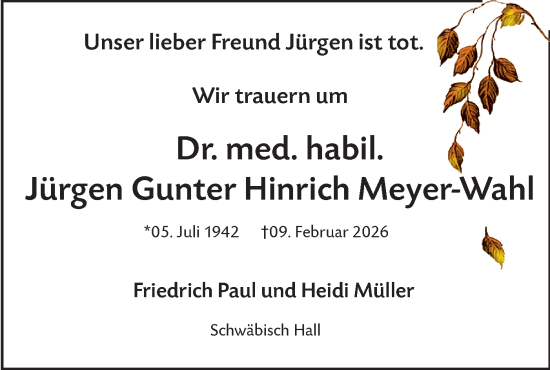 Traueranzeige von Jürgen Gunter Hinrich Meyer-Wahl von Haller Tagblatt