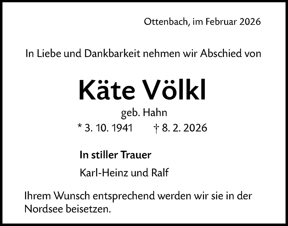  Traueranzeige für Käte Völkl vom 14.02.2026 aus NWZ Neue Württembergische Zeitung