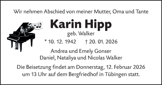 Traueranzeige von Karin Hipp von Schwäbische Tagblatt