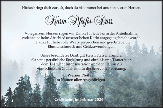 Traueranzeige von Karin Pfeifer-Dürr von Hohenloher Tagblatt