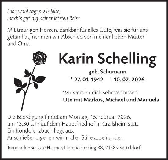 Traueranzeige von Karin Schelling von Hohenloher Tagblatt
