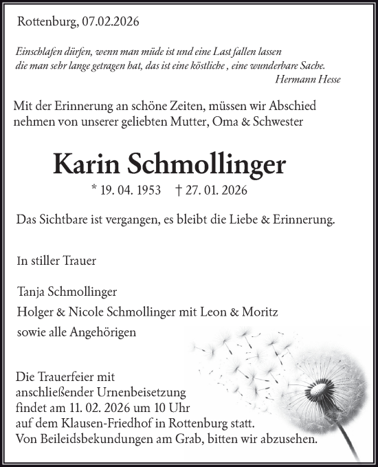 Traueranzeige von Karin Schmollinger von Schwäbische Tagblatt