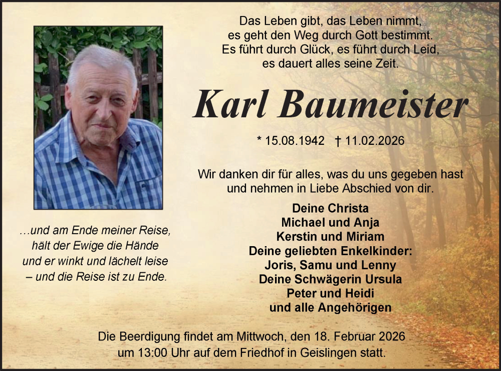  Traueranzeige für Karl Baumeister vom 13.02.2026 aus SÜDWEST PRESSE Zollernalbkreis