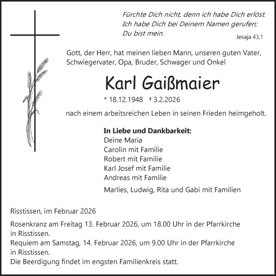 Traueranzeige von Karl Gaißmaier von Ehinger Tagblatt