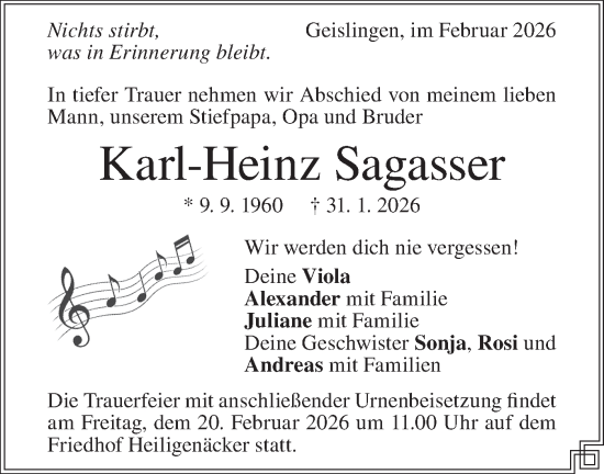 Traueranzeige von Karl-Heinz Sagasser von Geislinger Zeitung