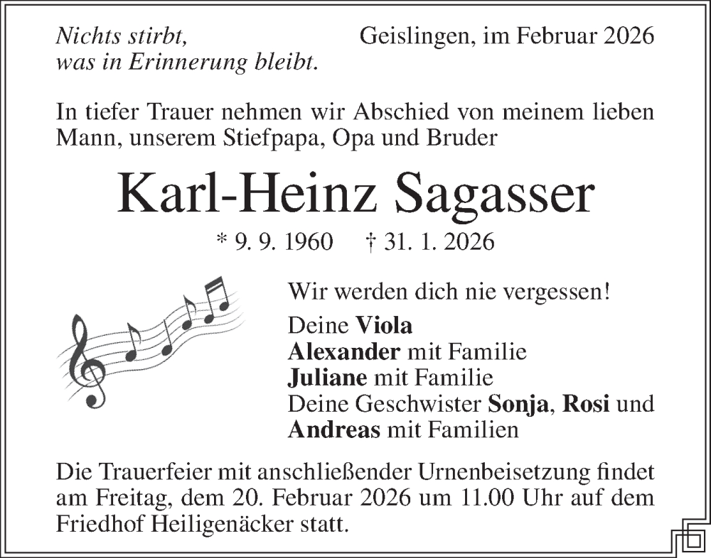  Traueranzeige für Karl-Heinz Sagasser vom 14.02.2026 aus Geislinger Zeitung