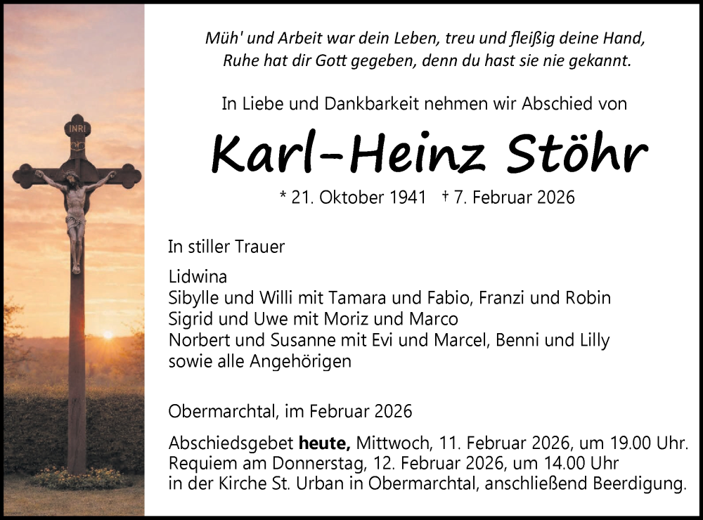 Traueranzeige für Karl-Heinz Stöhr vom 11.02.2026 aus Ehinger Tagblatt