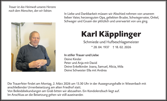 Traueranzeige von Karl Käpplinger von Hohenloher Tagblatt