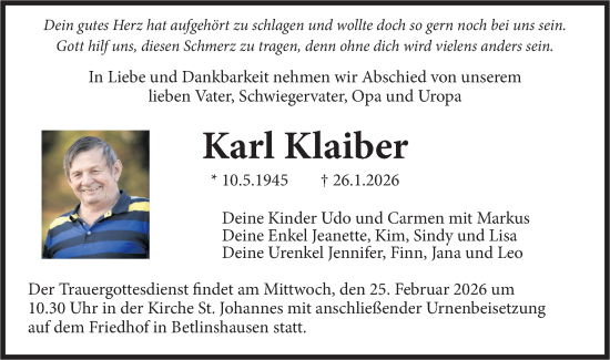 Traueranzeige von Karl Klaiber von SÜDWEST PRESSE Ausgabe Ulm/Neu-Ulm/Ehingen