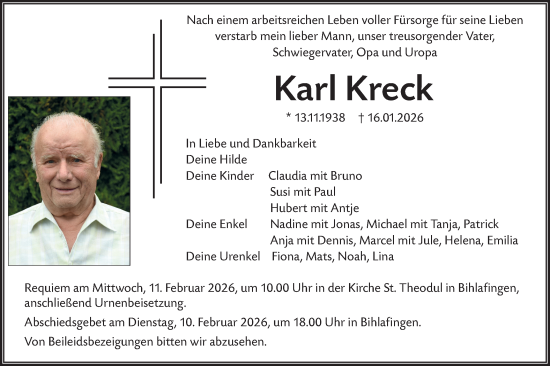 Traueranzeige von Karl Kreck von SÜDWEST PRESSE Ausgabe Ulm/Neu-Ulm/Ehingen