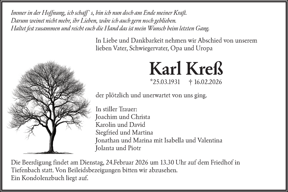  Traueranzeige für Karl Kreß vom 20.02.2026 aus Hohenloher Tagblatt