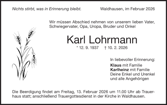 Traueranzeige von Karl Lohrmann von Geislinger Zeitung