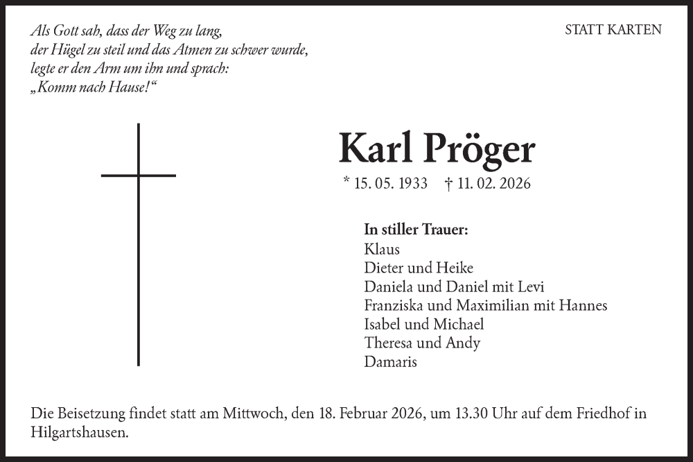  Traueranzeige für Karl Pröger vom 14.02.2026 aus Hohenloher Tagblatt