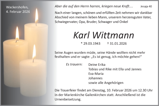 Traueranzeige von Karl Wittmann von Haller Tagblatt