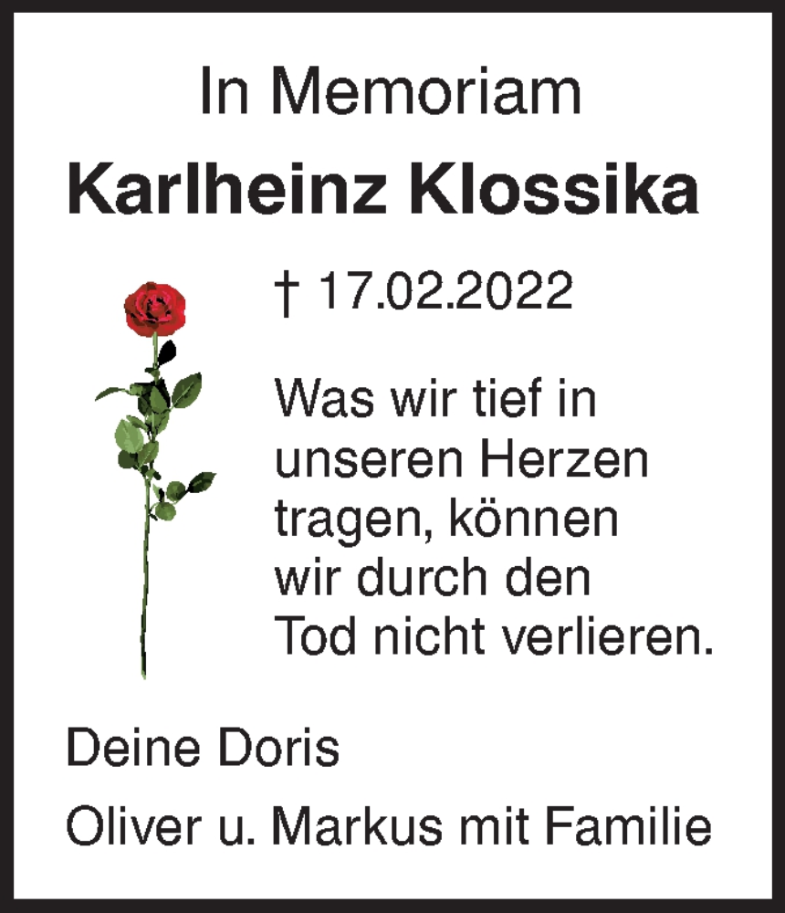  Traueranzeige für Karlheinz Klossika vom 17.02.2026 aus SÜDWEST PRESSE Ausgabe Ulm/Neu-Ulm/Ehingen