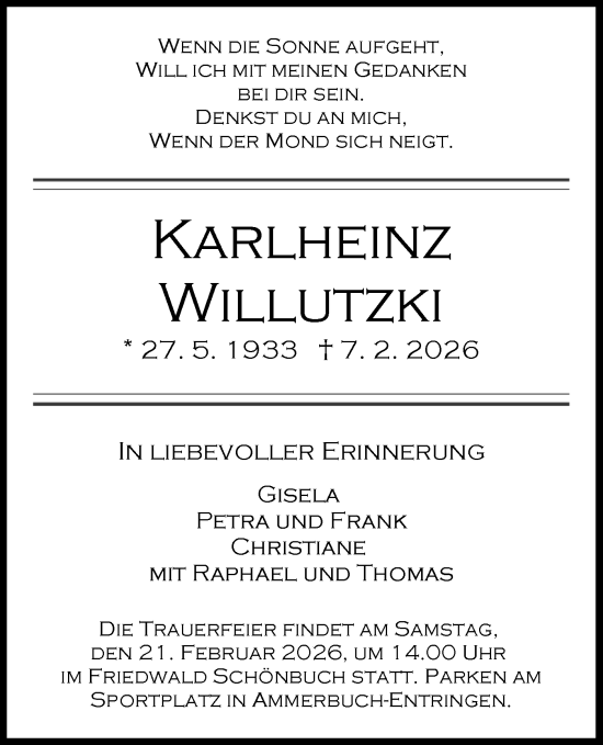 Traueranzeige von Karlheinz Willutzki von Schwäbische Tagblatt