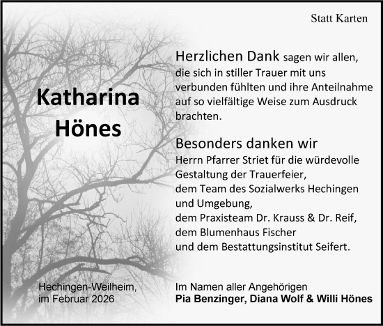 Traueranzeige von Katharina Hönes von SÜDWEST PRESSE Zollernalbkreis