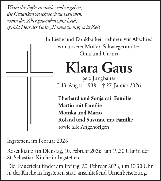 Traueranzeige von Klara Gaus von Ehinger Tagblatt