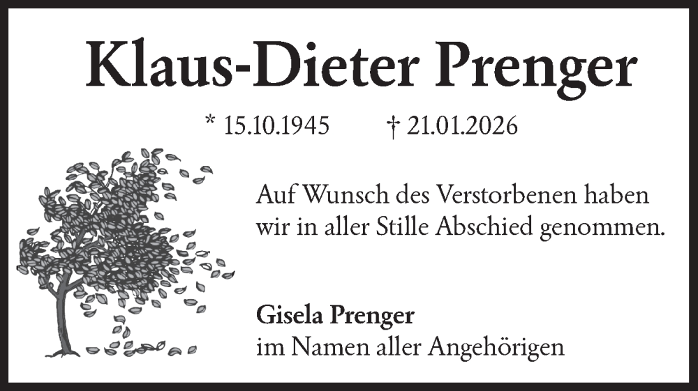  Traueranzeige für Klaus-Dieter Prenger vom 14.02.2026 aus Hohenloher Tagblatt