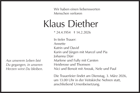 Traueranzeige von Klaus Diether von Schwäbische Tagblatt