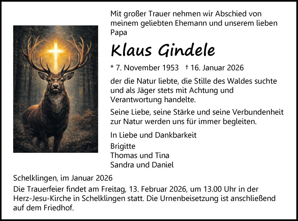  Traueranzeige für Klaus Gindele vom 06.02.2026 aus Ehinger Tagblatt/Das Blaumännle