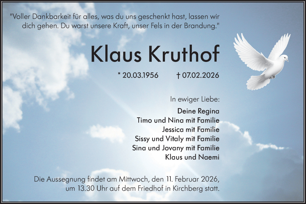 Traueranzeige für Klaus Kruthof vom 10.02.2026 aus Hohenloher Tagblatt