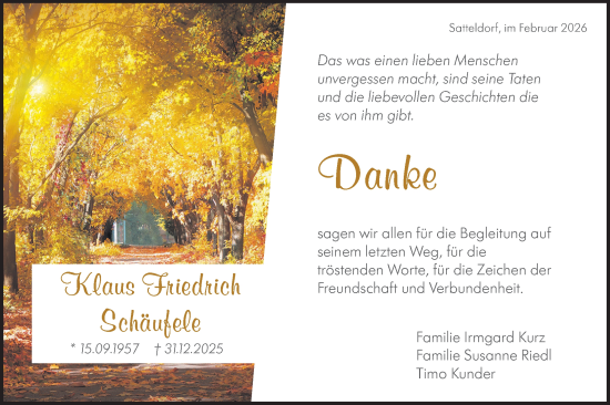 Traueranzeige von Klaus Friedrich Schäufele von Hohenloher Tagblatt