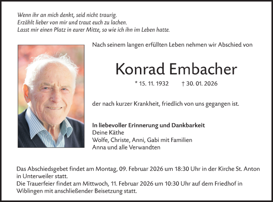 Traueranzeige von Konrad Embacher von SÜDWEST PRESSE Ausgabe Ulm/Neu-Ulm/Ehingen
