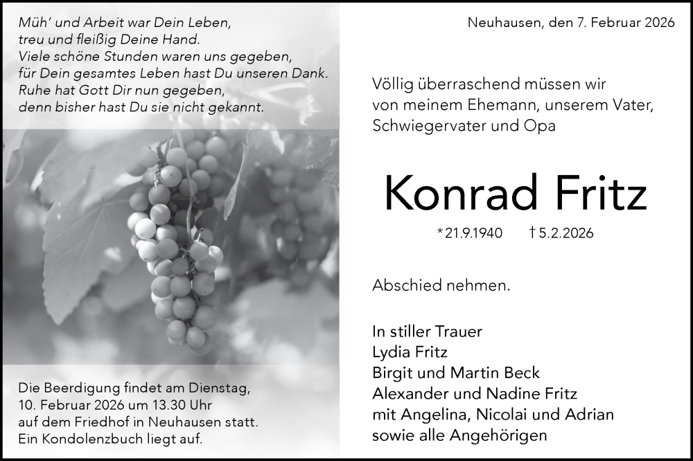  Traueranzeige für Konrad Fritz vom 07.02.2026 aus Alb-Bote/Metzinger-Uracher Volksblatt