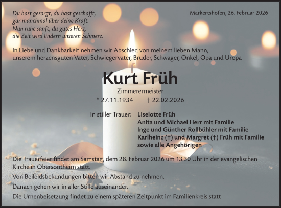 Traueranzeige von Kurt Früh von Haller Tagblatt/Hohenloher Tagblatt