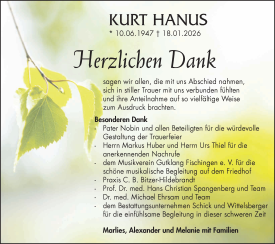 Traueranzeige von Kurt Hanus von Neckar-Chronik