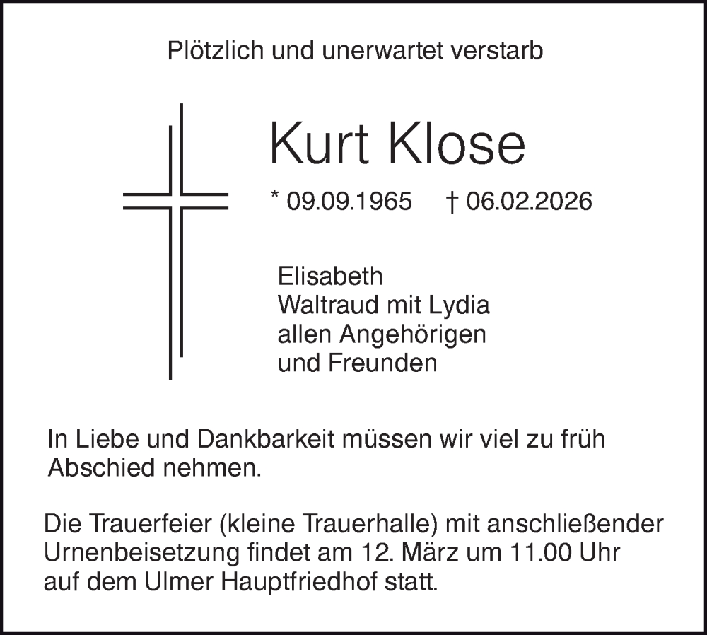  Traueranzeige für Kurt Klose vom 28.02.2026 aus SÜDWEST PRESSE Ausgabe Ulm/Neu-Ulm/Ehingen