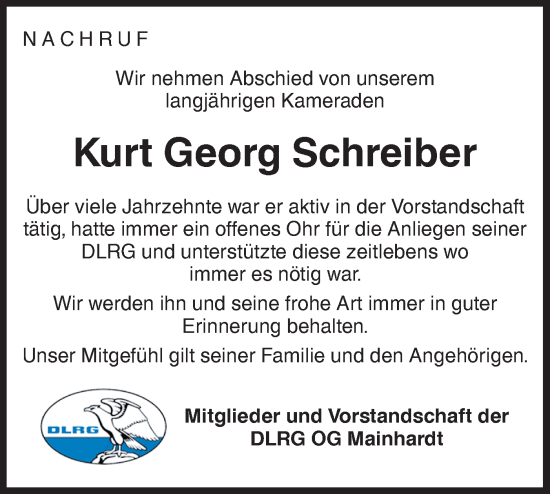 Traueranzeige von Kurt Georg Schreiber von Haller Tagblatt