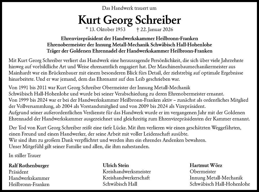  Traueranzeige für Kurt Georg Schreiber vom 03.02.2026 aus Haller Tagblatt