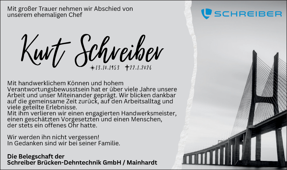  Traueranzeige für Kurt Georg Schreiber vom 03.02.2026 aus Haller Tagblatt