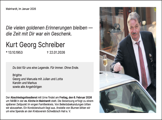 Traueranzeige von Kurt Georg Schreiber von Haller Tagblatt
