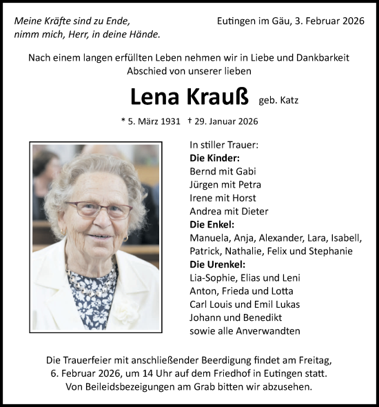 Traueranzeige von Lena Krauß von Neckar-Chronik