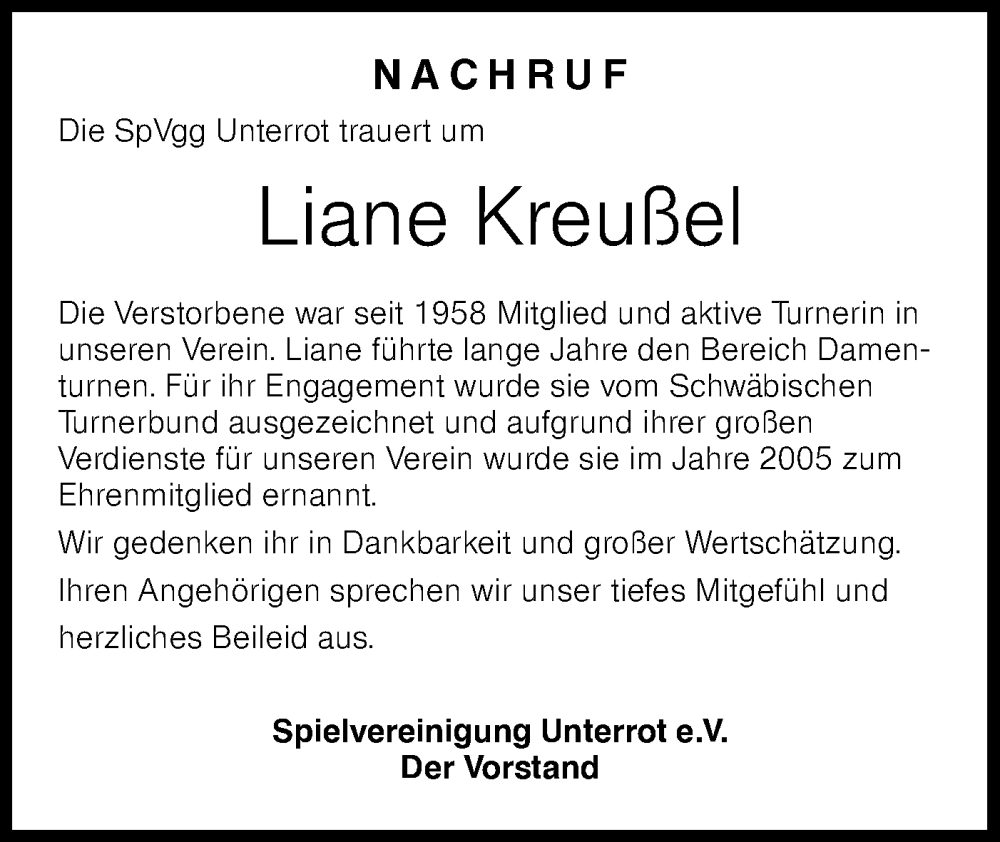  Traueranzeige für Liane Kreußel vom 04.02.2026 aus Rundschau Gaildorf