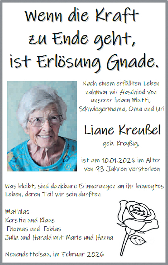 Traueranzeige von Liane Kreußel von Rundschau Gaildorf