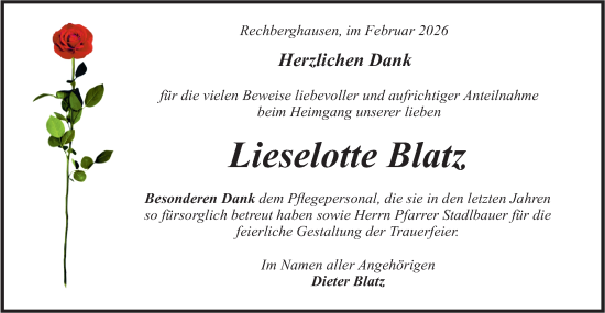 Traueranzeige von Lieselotte Blatz von NWZ Neue Württembergische Zeitung
