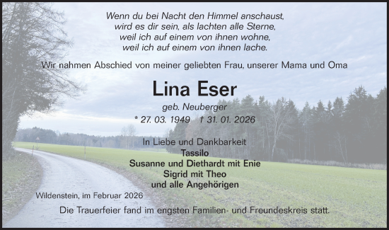 Traueranzeige von Lina Eser von Hohenloher Tagblatt