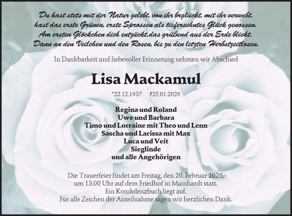  Traueranzeige für Lisa Mackamul vom 14.02.2026 aus Haller Tagblatt