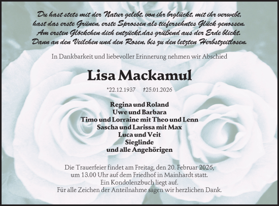 Traueranzeige von Lisa Mackamul von Haller Tagblatt