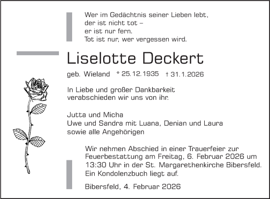 Traueranzeige von Liselotte Deckert von Haller Tagblatt